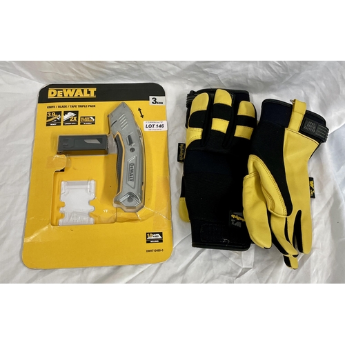 146 - DEWALT STANLEY STYLE KNIFE WITH EXTRA BLADES TOGETHER WITH A PAIR OF WELLS LAMONT LEATHER WORKGLOVES... 