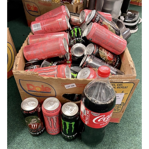 150 - BOX OF MIXED SOFT DRINKS INC. GLASS BOTTLE COCA COLA, 1.75L COCA COLA, VARIOUS MONSTER ENERGY DRINKS