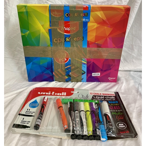 178 - MAPED COLOUR PEPS STATIONERY SET - INCL. PENCILS, GEL PENS ETC. TOGETHER  WITH A UNIBALL LIQUID CHAL... 