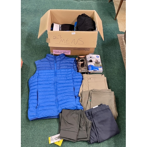 190 - BOX OF APPROX 20 MENS CLOTHING ITEMS - INC. JACKETS, TROUSERS, BERGHAUS, REPLAY ETC.