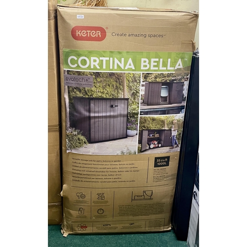 243 - BOXED KETER CORTINA BELLA OUTDOOR STORAGE UNIT - 1000L - CRACK TO ONE BASE PIECE