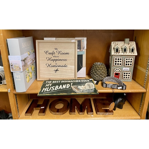 262 - 2 X SHELVES OF VARIOUS HOUSEHOLD EPHEMERA INC. 'HOME SIGN', NOVELTY SIGN, ADJUSTABLE SIGN ,NOVELTY B... 