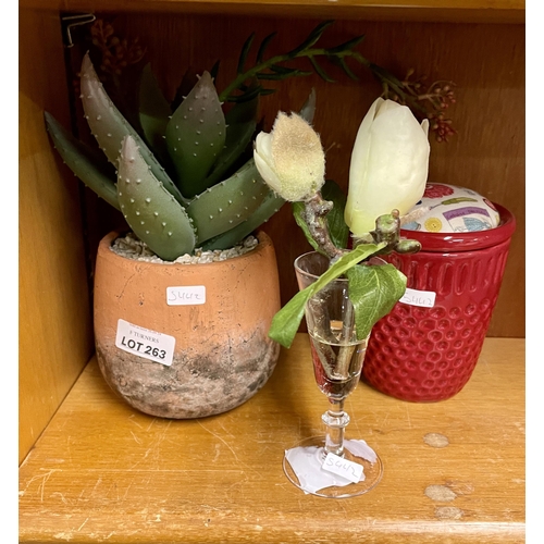 263 - FAUX POTTED CACTUS, FAUX ROSE IN RESIN, NOVELTY PIN CUSHION IN A RED POT