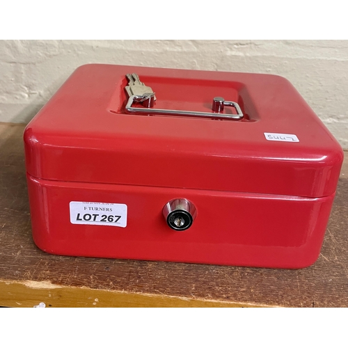 267 - RED STAINLESS STEEL LOCK BOX WITH 2 KEYS