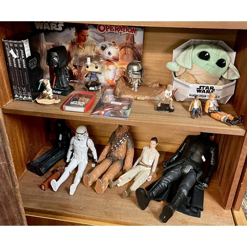 277 - 2 X SHELVES OF VARIOUS STAR WARS TOYS AND MEMORABILIA IN. CHEWBACCA FIGURE, STORM TROOPER FIGURE, LU... 