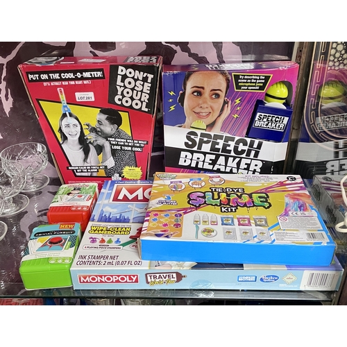 281 - QTY OF VARIOUS BOARD GAMES INC. MONOPOLY, TRIVIAL PURSUIT, DONT LOSE YOUR COOL, SPEECH BREAKER ETC.