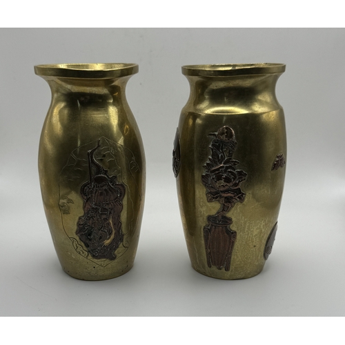 320 - 2 X JAPANESE VASES WITH ETCHED DETAIL DEPICTING FLOWERS/CHILDREN/OLD WISE MEN