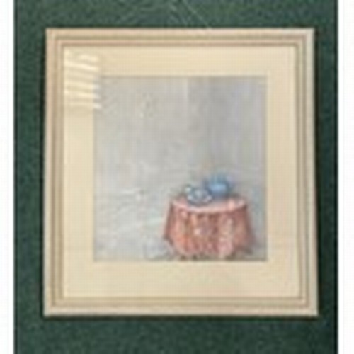 430 - FRAMED ANGIE CLARKE WATERCOLOUR OF CUPS AND SAUCERS ON TABLE - FRAME 41CM X 39CM, TO MOUNT - 27CM X ... 