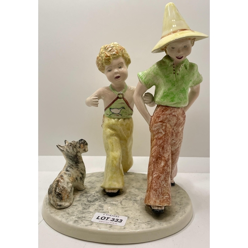 333 - GOLDSCHEIDER FIGURE - MYOTT DUO OF STROLLING CHILDREN WITH HIGHLAND TERRIER DOG - MARKED 798/801/807... 