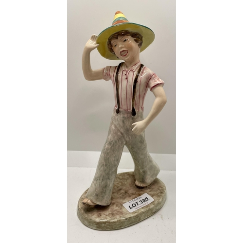 335 - GOLDSCHEIDER FIGURE - WAVING STROLLING CHILD WITH PINK STRIPED SHIRT AND GREY TROUSERS - MARKED 807 ... 