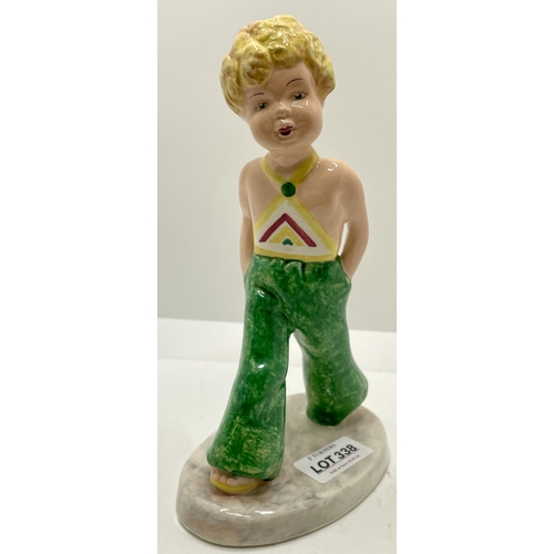 338 - GOLDSHEIDER MYOTT SMALL STROLLING CHILD WITH GREEN TROUSERS AND CHEVRON VEST - MARKED 801 BS TO BASE