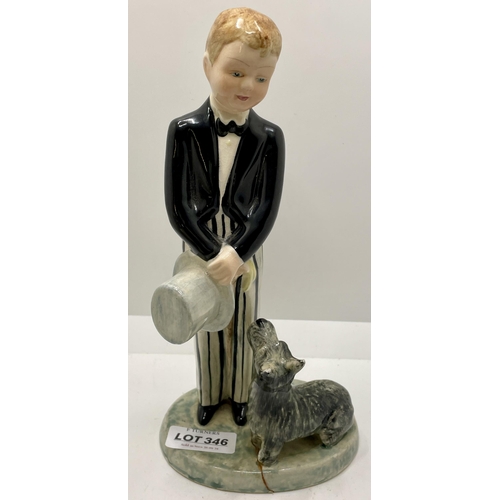 346 - GOLDSCHEIDER MYOTT BOY WITH TOP HAT, WALKING STICK AND HIGHLAND TERRIER DOG - MARKED BL TO BASE