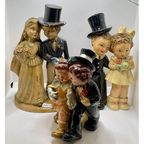 347 - 3 X DIFFERENT 1930'S CHALK PLASTER FIGURES - BRIDE AND GROOM (MABEL LUCIE ATWELL STYLE)