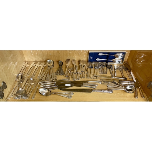 392 - LARGE QTY OF VARIOUS PLATED CUTLERY INCL, KNIFES, FORKS, FISH KNIFES, CAKE FORKS, INCL BOXED INKERMA... 