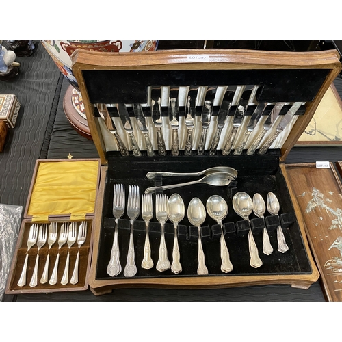 397 - CASED CANTEEN OF PLATED E.P.N.S CUTLERY - OF SIX PLACE SETTINGS TOGETHER WITH A SET OF X6 CASED FISH... 