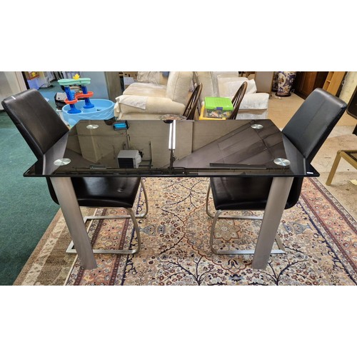 357 - BLACK TEMPERED GLASS RECTANGULAR DINING / BREAKFAST TABLE WITH X2 MATCHING FAUX LEATHER DINING CHAIR... 