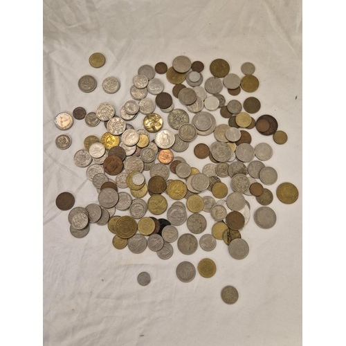 414 - QTY OF VARIOUS FOREIGN AND BRITISH COINS INCL, 1965 CROWN, PTAS, ETC.....