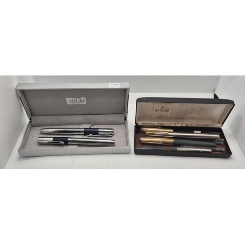 417 - BOXED PAIR OF CHADWICK PENS TOGETHER WITH VARIOUS PARKER PENS