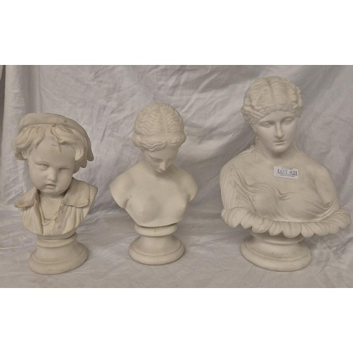 421 - X3 SMALL CLASSICAL PARIAN WARE BUSTS, TWO OF WOMEN AND ONE OF A CHILD (NOTE CRACKIGNG TO ONE AND REP... 