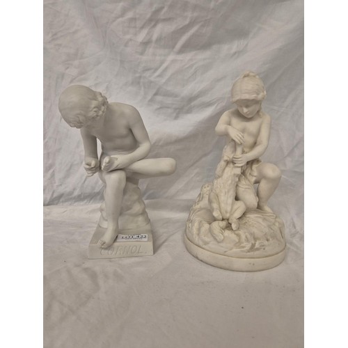 422 - X2 SMALL PARIAN WARE FIGURES - 1 MARKED CONNOL AND ONE GIRL WITH DOG (DGE)