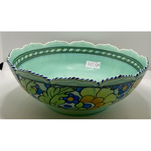 426 - CHARLOTTE RHEAD GREN AND BLUE BOWL DEPICTING FLOWERS AND VINES - SIGNED TO BOTTOM RHEAD. MARKED 3052... 