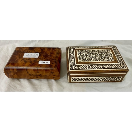 441 - X2 SMALL WOODEN CARVED TRINKET BOXES ONE WITH MOTHER OF PEARL INLAY