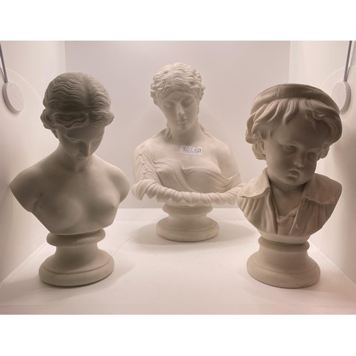 421 - X3 SMALL CLASSICAL PARIAN WARE BUSTS, TWO OF WOMEN AND ONE OF A CHILD (NOTE CRACKIGNG TO ONE AND REP... 