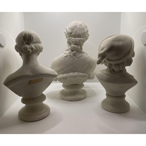 421 - X3 SMALL CLASSICAL PARIAN WARE BUSTS, TWO OF WOMEN AND ONE OF A CHILD (NOTE CRACKIGNG TO ONE AND REP... 