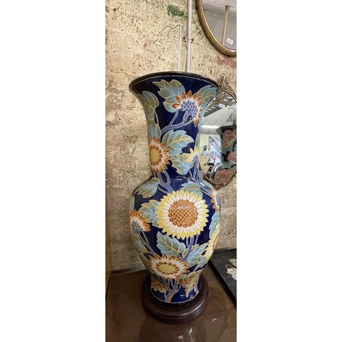 296 - CHINESE LAMPS -A PAIR OF SUNFLOWER PATTERN  ON DARK BLUE GROUND TABLE LAMPS WITH SHADES -APPROX. 86C... 