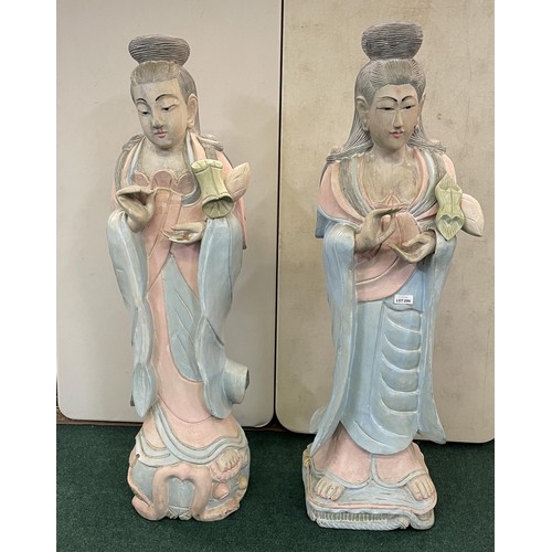 286 - A PAIR OF CARVED CHINESE FIGURINES IN PINK & GREEN - APPROX. 104CM H X 28CM W