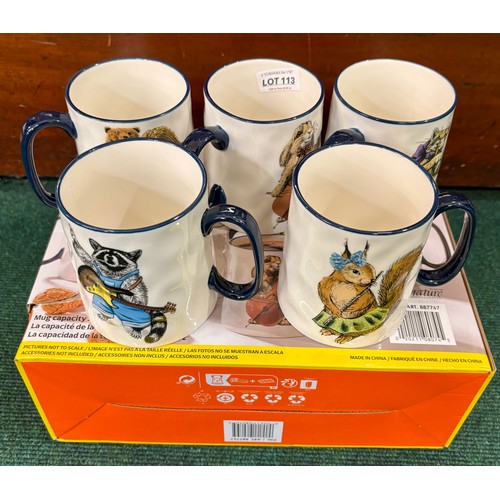 113 - BOXED SET OF X5 SIGNATURE LIVING ANIMAL BAND DECORATIVE MUGS