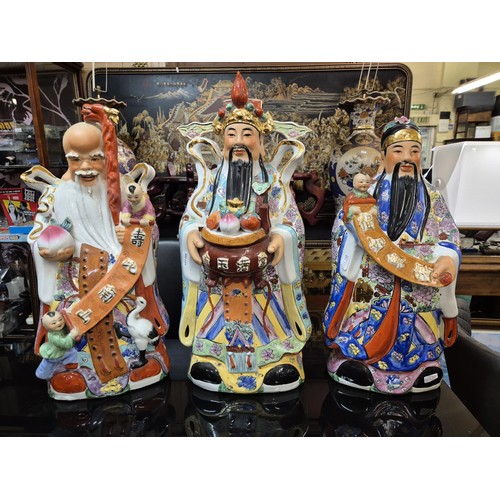 288 - 3 X WISE GOD STATUES - FUK, LUK & SAU -HANDPAINTED PORCELAIN WITH GOLD DETAIL -
 70CM H X 30CM W