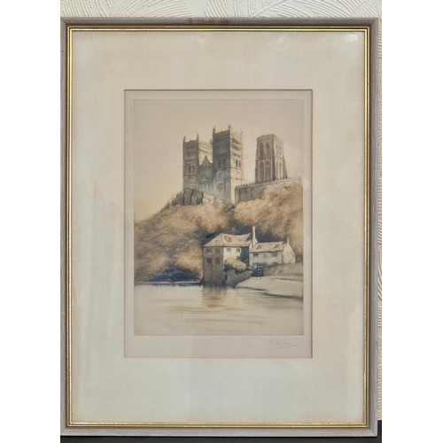 288 - Signed Coloured Etching by W Watson of Durham Cathedral from the river - framed & glazed - marked Ac... 