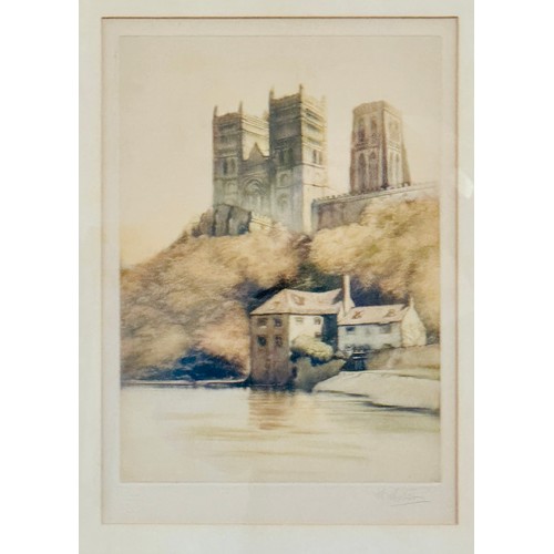 288 - Signed Coloured Etching by W Watson of Durham Cathedral from the river - framed & glazed - marked Ac... 