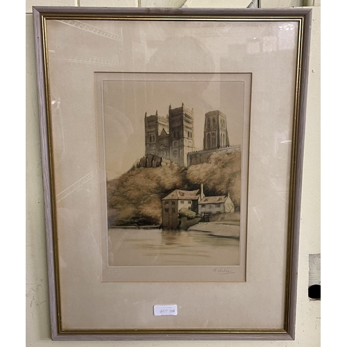 288 - Signed Coloured Etching by W Watson of Durham Cathedral from the river - framed & glazed - marked Ac... 