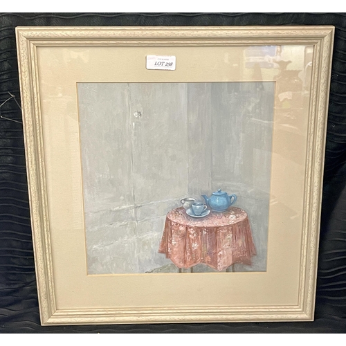 290 - FRAMED ANGIE CLARKE WATERCOLOUR OF CUPS AND SAUCERS ON TABLE - FRAME 41CM X 39CM, TO MOUNT - 27CM X ... 