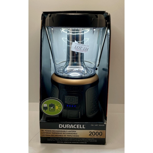 134 - BOXED DURACELL TRI POWER RECHARGEABLE LANTERN - USB CHARGING/SOLAR - CAN BE USED TO CHARGE DEVICES