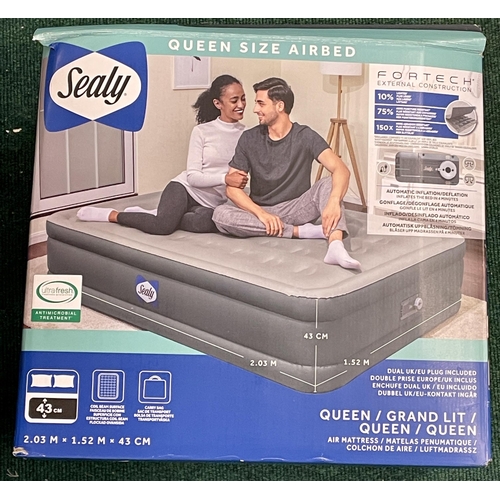 150 - BOXED SEALY QUEEN SIZE INFLATABLE MATTRESS WITH BUILT IN PUMP