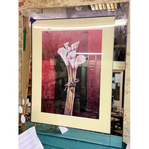 373 - LARGE MIRROR FRAMED PRINT LILY DESIGN ON RED BACKGROUND MARKED KK TO BOTTOM RIGHT 99CM X 119 H