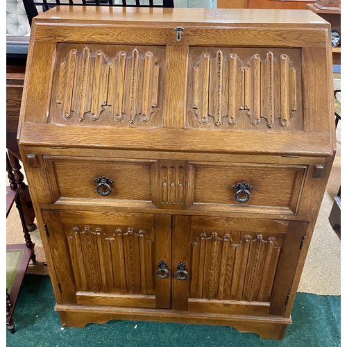 220 - AN OLD CHARM DROP FRONT OAK DESK BUREAU SINGLE DRAWER CUPBOARD BASE 76CM W X43 D AND 99 H