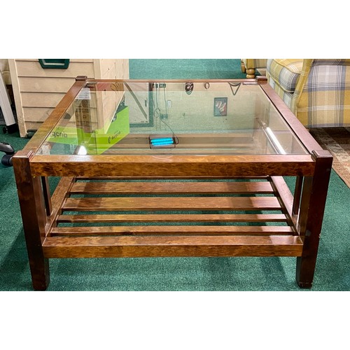 224 - A SQUARE MANGO WOOD LAURA ASHLEY COFFEE TABLE WITH UNDER SHELF SLATTED AND GLASS INSET