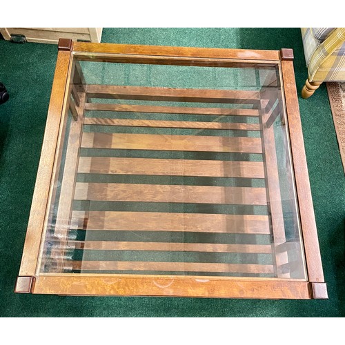 224 - A SQUARE MANGO WOOD LAURA ASHLEY COFFEE TABLE WITH UNDER SHELF SLATTED AND GLASS INSET