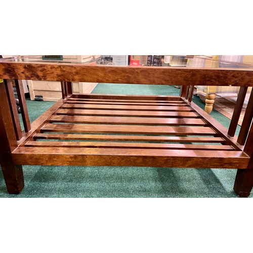 224 - A SQUARE MANGO WOOD LAURA ASHLEY COFFEE TABLE WITH UNDER SHELF SLATTED AND GLASS INSET