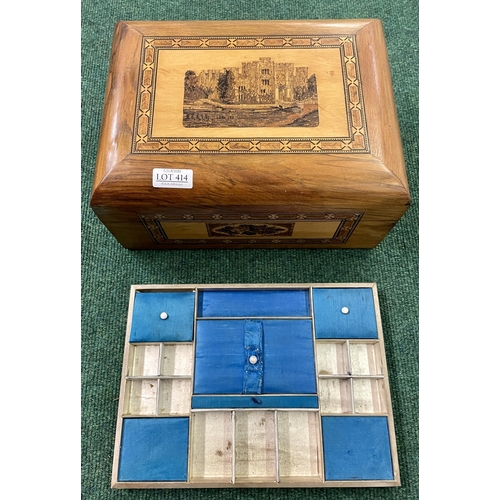 414 - AN ANTIQUE TUNBRIDGE WARE TREEN LADIES BOX - BLUE SILK INTERIOR WITH A LIFT OUT TRAY