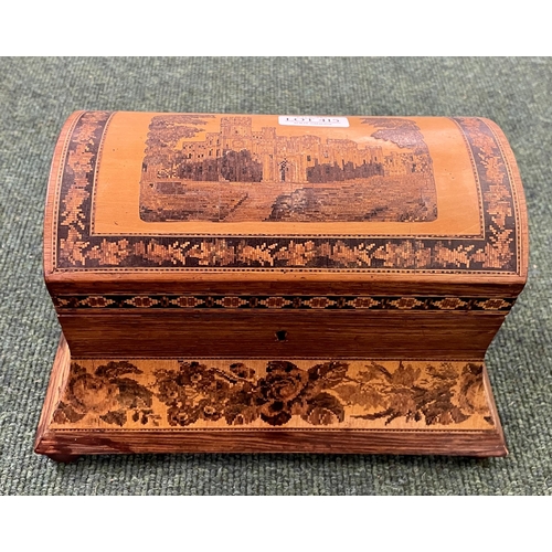 415 - AN ANTIQUE TUNBRIDGE WARE TEA CADDY - DOMED LID ON BUN FEET