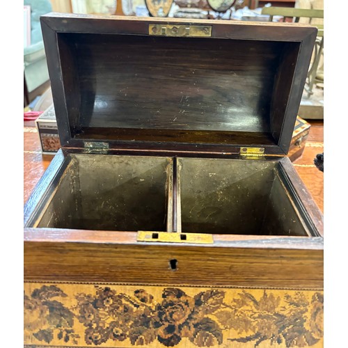 415 - AN ANTIQUE TUNBRIDGE WARE TEA CADDY - DOMED LID ON BUN FEET