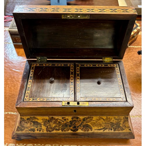 415 - AN ANTIQUE TUNBRIDGE WARE TEA CADDY - DOMED LID ON BUN FEET