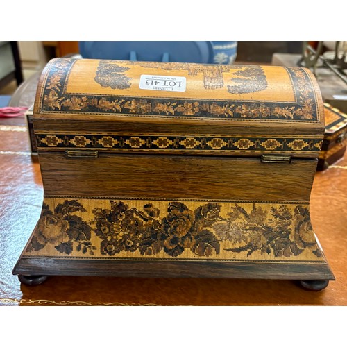 415 - AN ANTIQUE TUNBRIDGE WARE TEA CADDY - DOMED LID ON BUN FEET