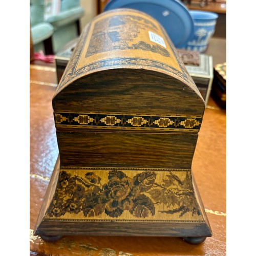 415 - AN ANTIQUE TUNBRIDGE WARE TEA CADDY - DOMED LID ON BUN FEET