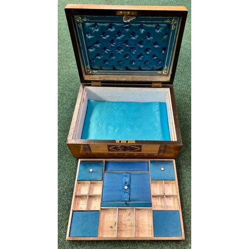 414 - AN ANTIQUE TUNBRIDGE WARE TREEN LADIES BOX - BLUE SILK INTERIOR WITH A LIFT OUT TRAY